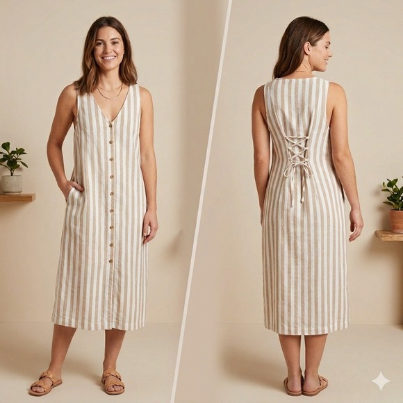 Old Navy Dresses & Skirts - Old Navy Midi Dress Womens Medium Tan Striped Linen Blend Lace Up Back Pockets